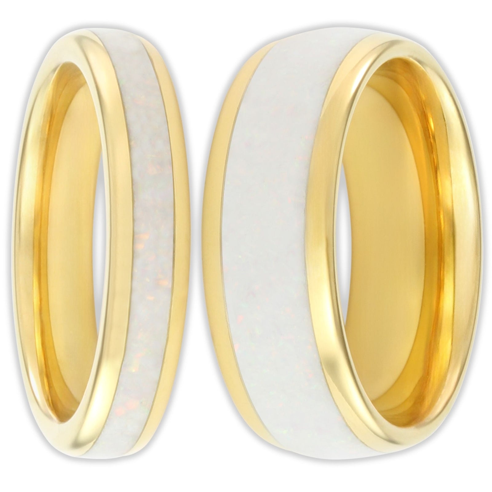 Front view of gold tungsten ring with white inlay and polished finish in 4mm and 8mm bands