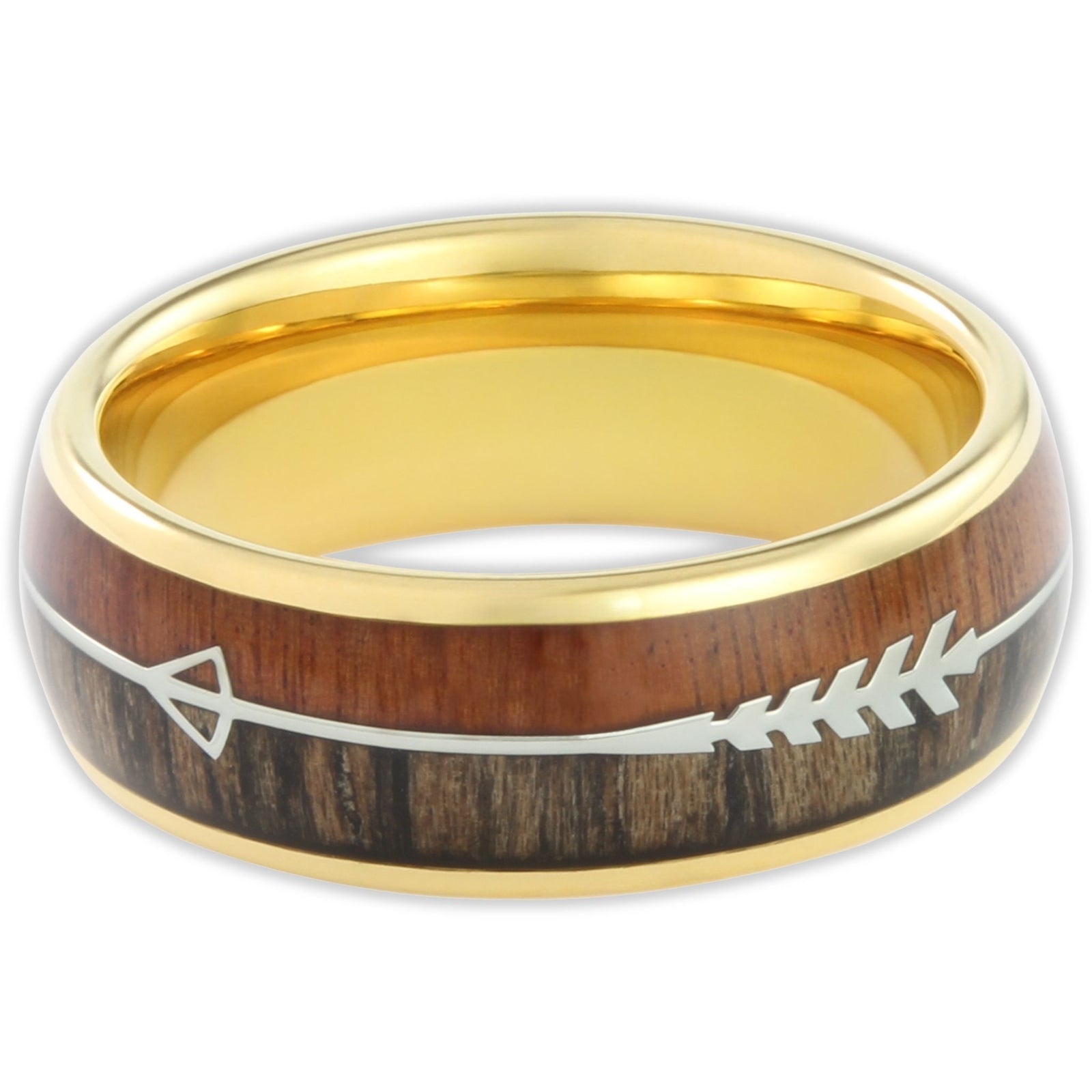 Top view of gold tungsten 8mm ring with arrow design and two-tone wood background