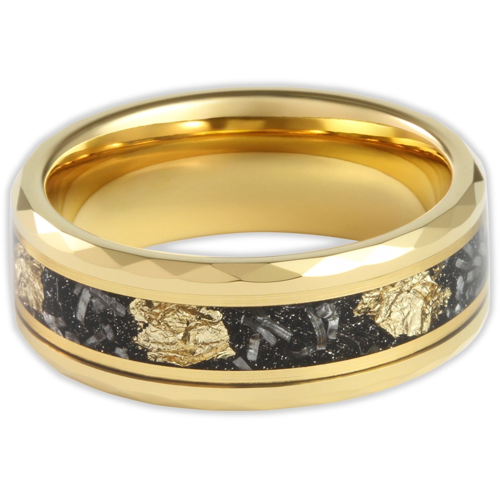 Top view of gold tungsten 8mm ring with gold flake inlay and flat outer surface