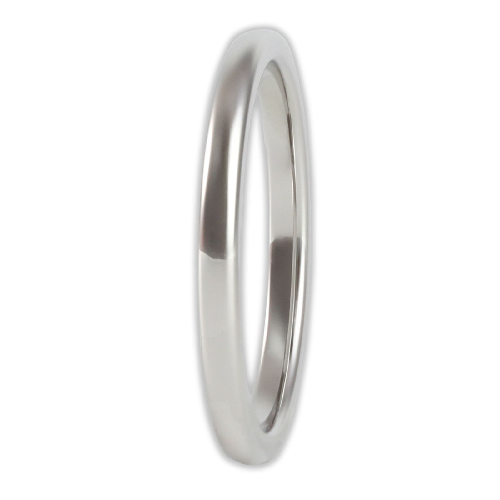 Front view of white gold tungsten ring with smooth polished finish and 2mm band
