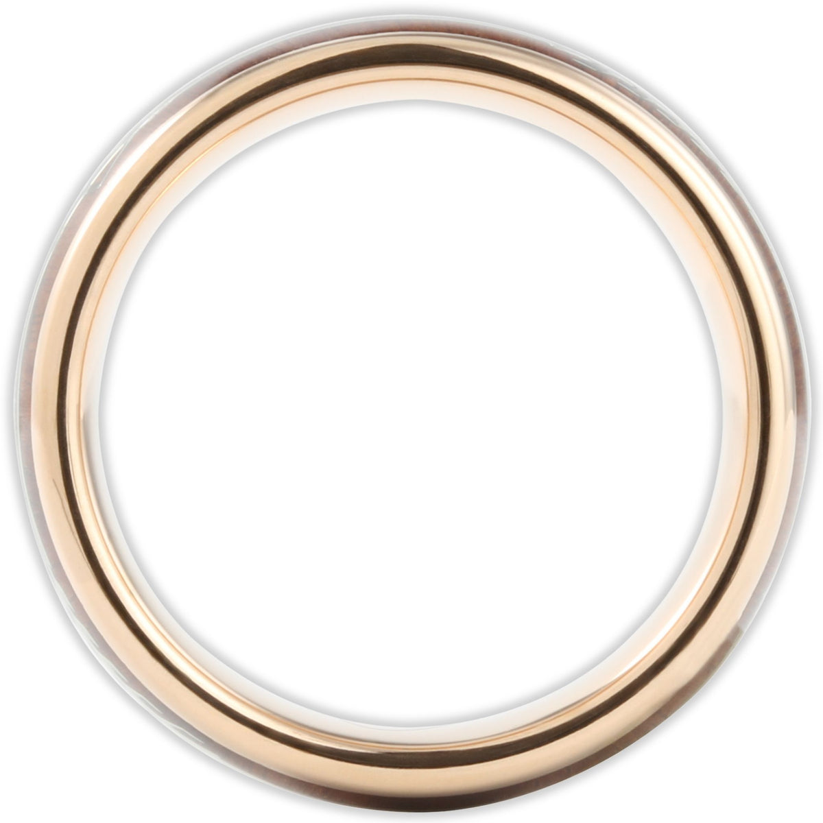 Side profile of rose gold tungsten ring showing 8mm band depth and inlay structure