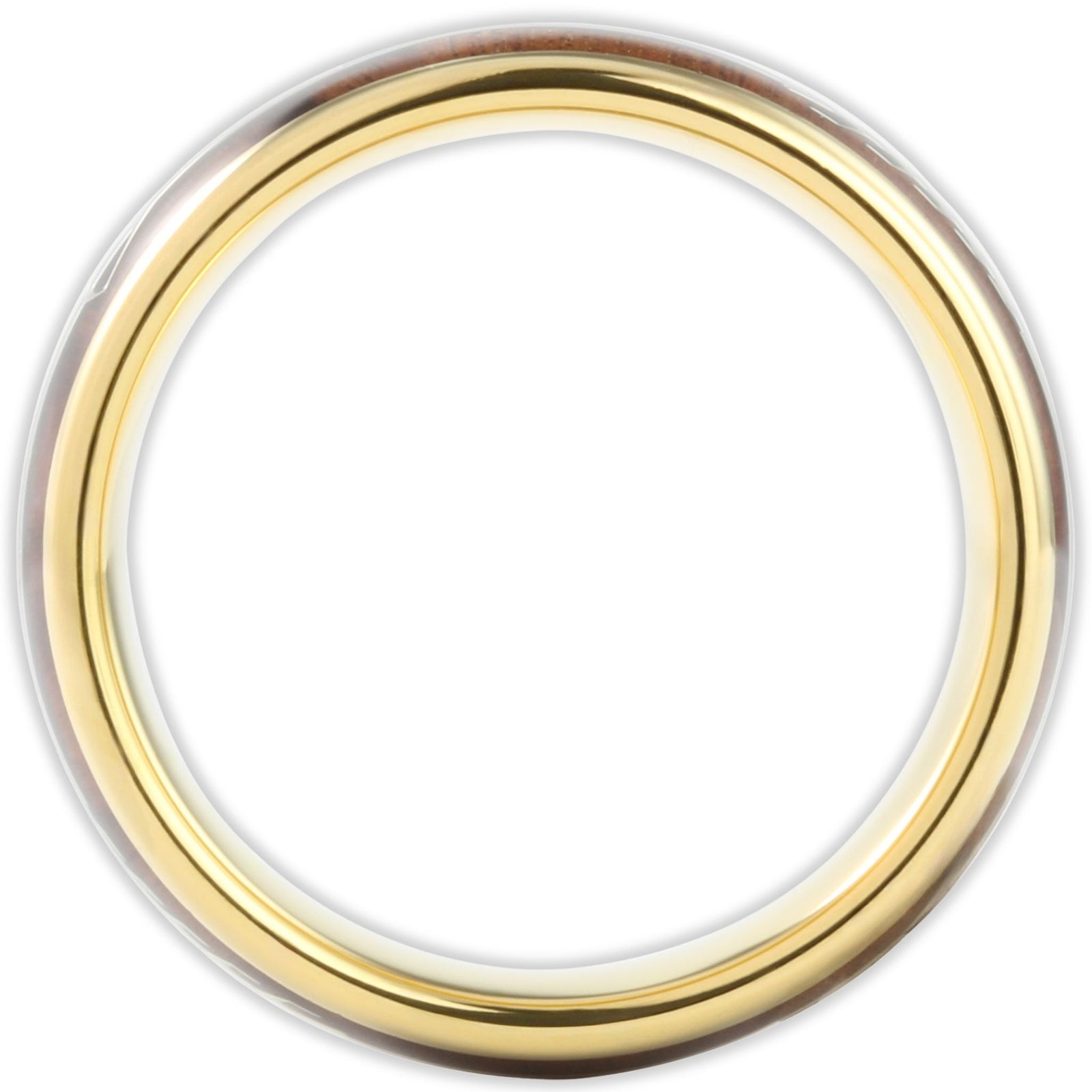Side profile of gold tungsten ring showing 8mm band depth and inlay structure