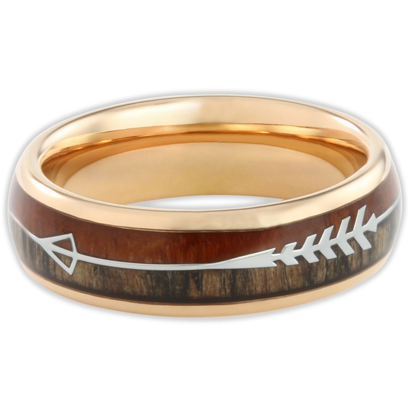 Top view of rose gold tungsten 6mm ring with arrow design and two-tone wood background