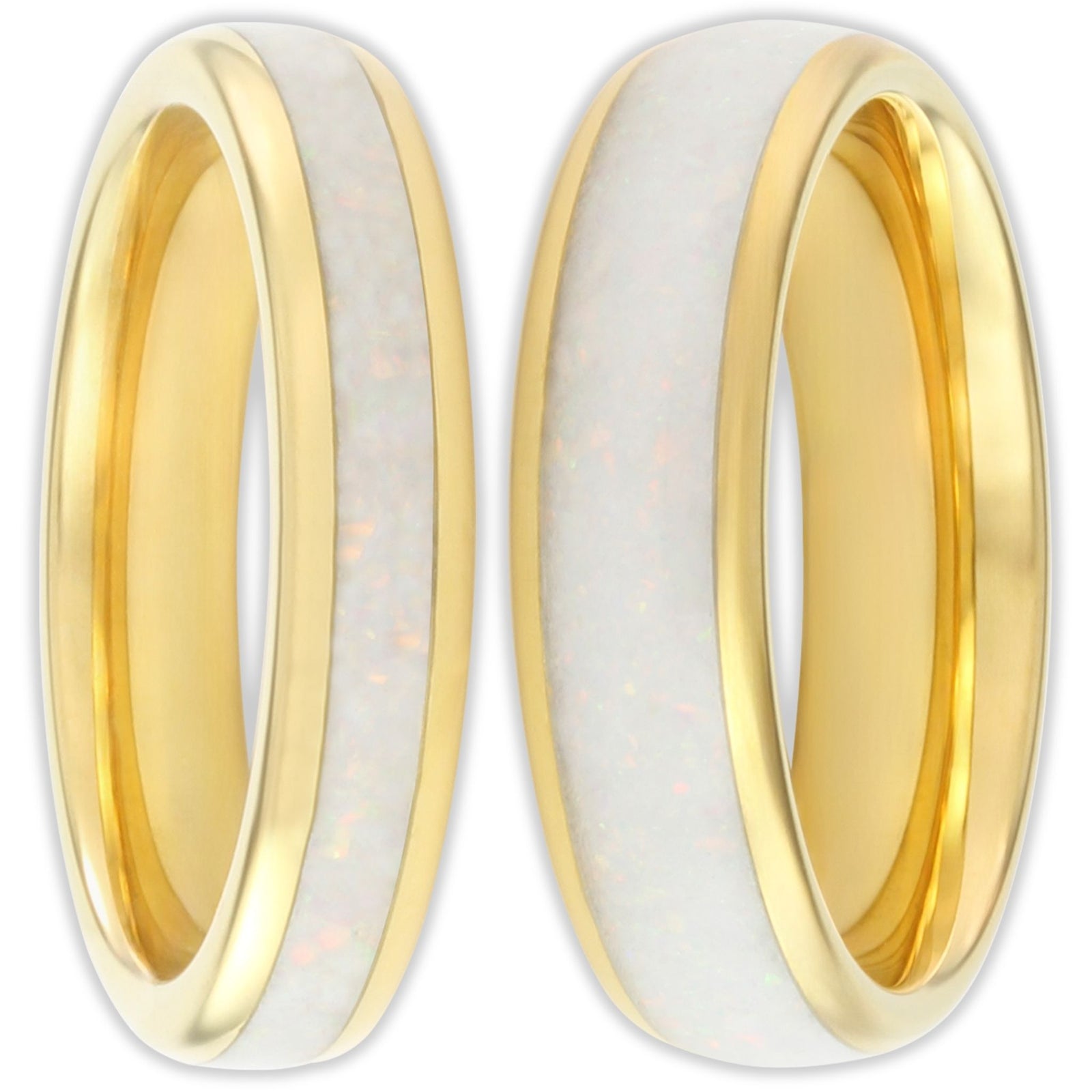 Front view of gold tungsten ring with white inlay and polished finish in 4mm and 6mm bands