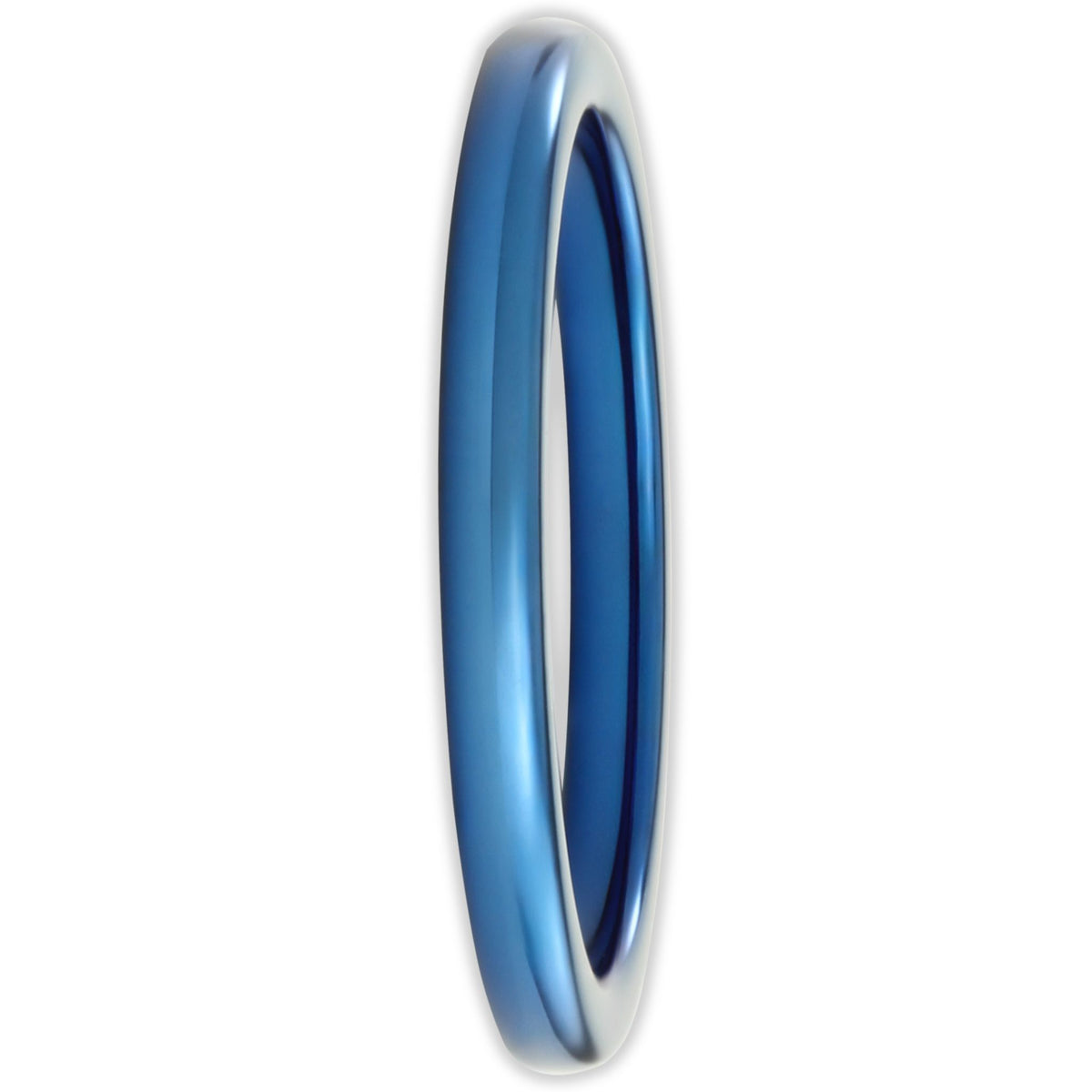 Front view of blue tungsten ring with smooth polished finish and 2mm band