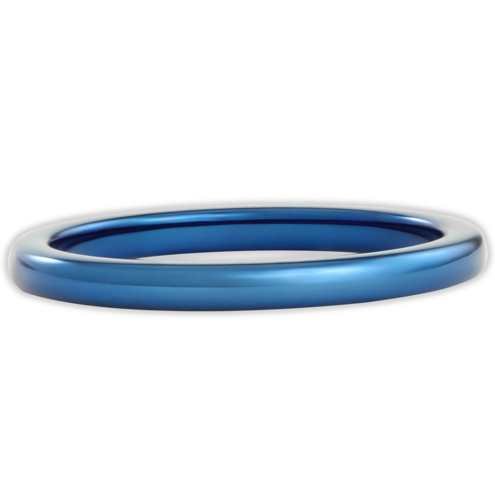 Top view of blue tungsten 2mm ring with high-shine polished surface