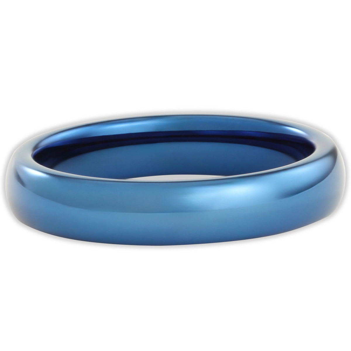 Top view of blue tungsten 4mm ring with high-shine polished surface