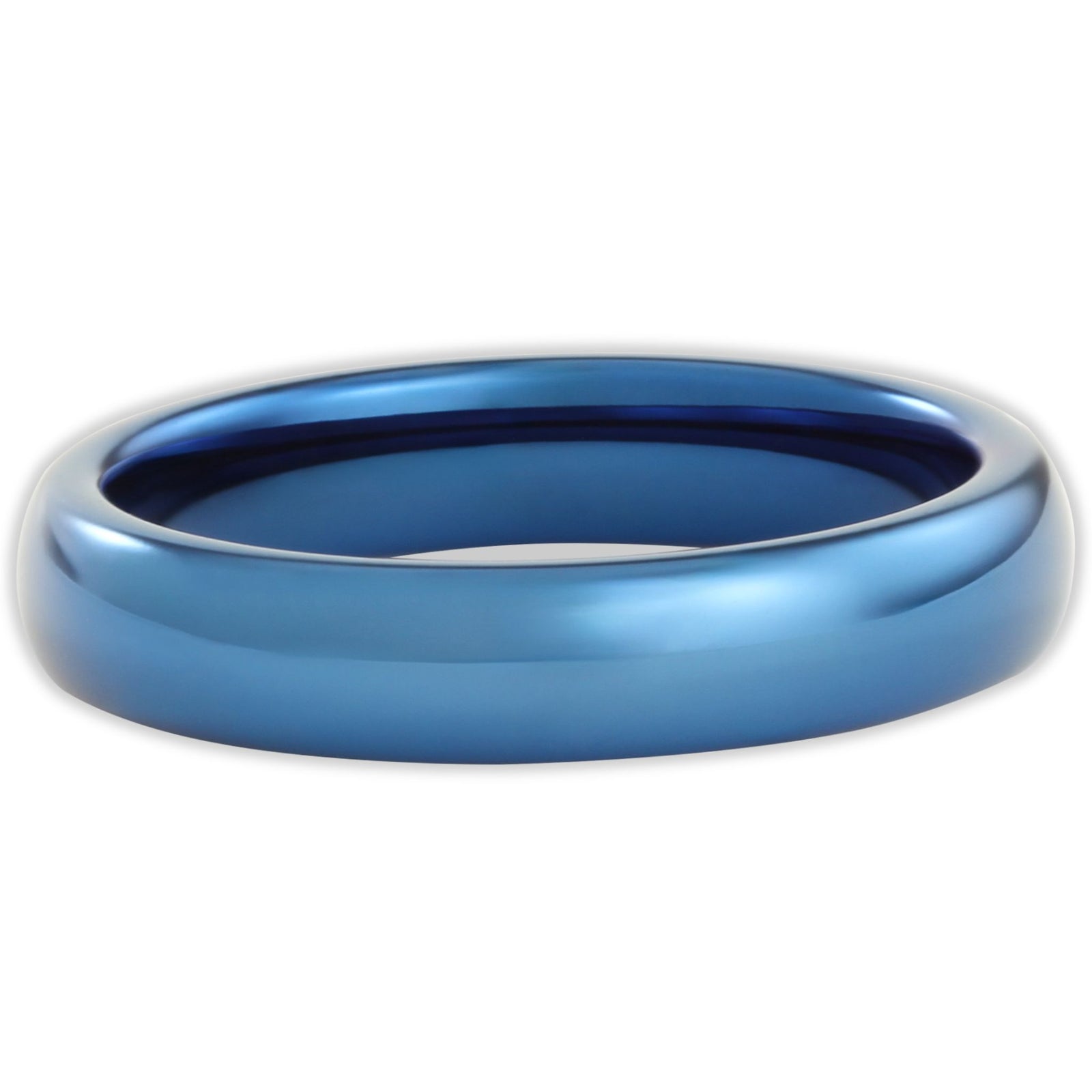 Top view of blue tungsten 4mm ring with high-shine polished surface