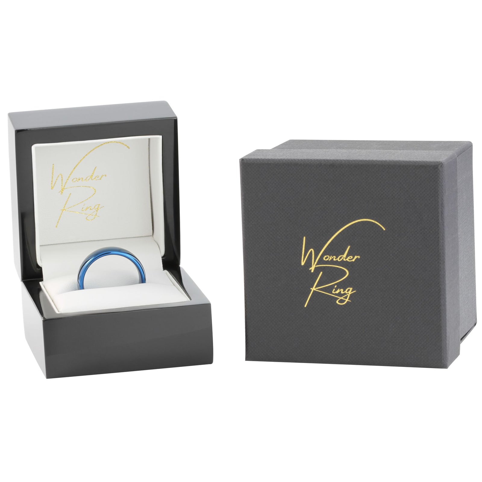 Blue tungsten 8mm ring presented in gift box