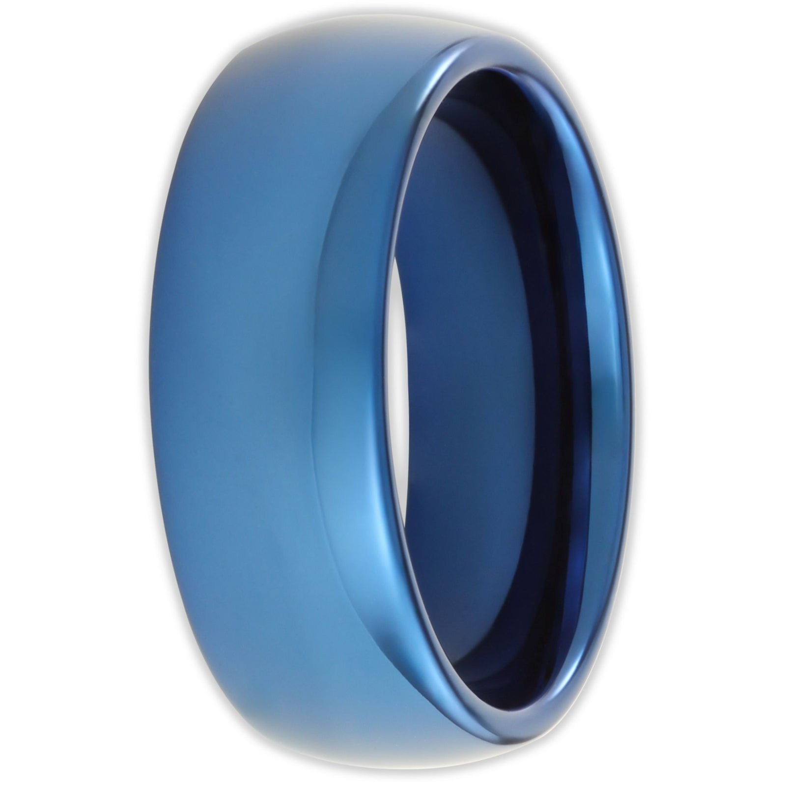 Front view of blue tungsten ring with smooth polished finish and 8mm band