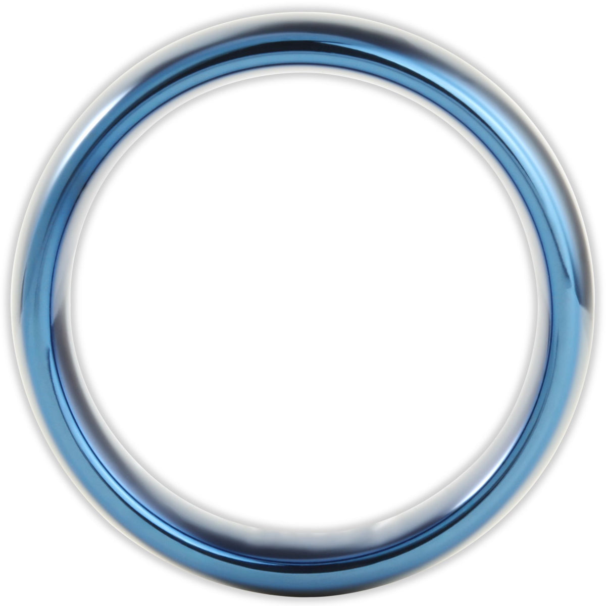 Side profile of blue tungsten ring showing 8mm band depth and smooth curved edges