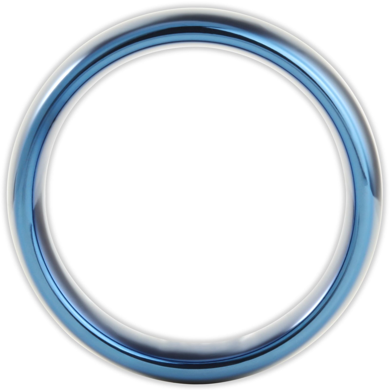 Side profile of blue tungsten ring showing 8mm band depth and smooth curved edges