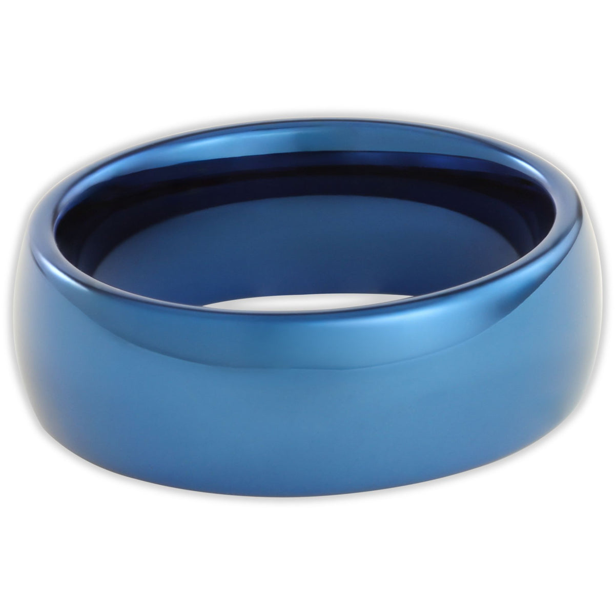 Top view of blue tungsten 8mm ring with high-shine polished surface