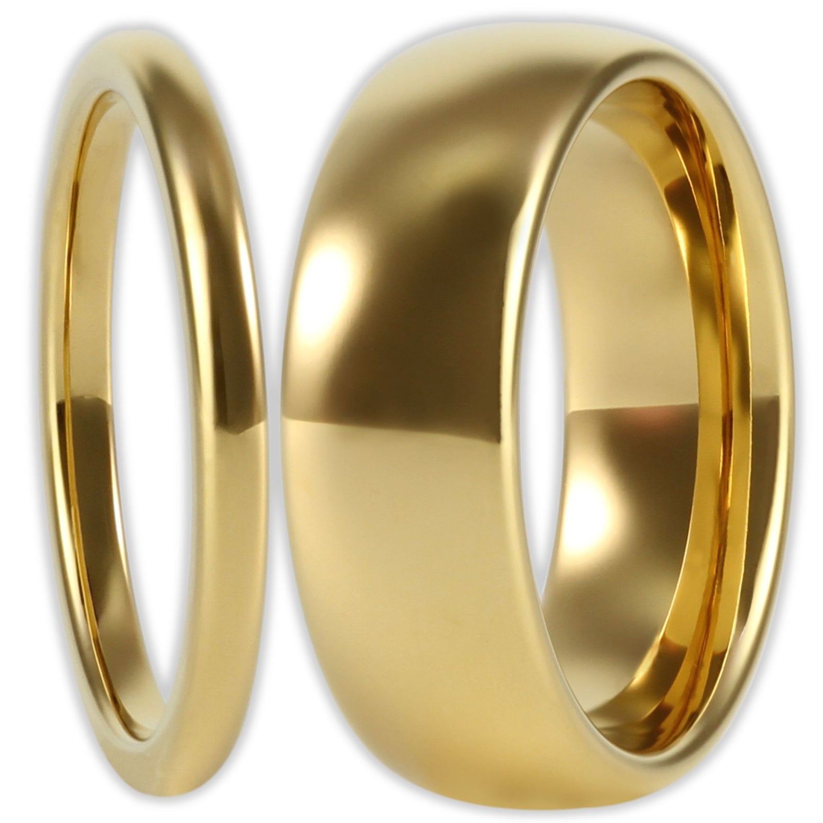 Front view gold tungsten ring with smooth polished finish and 2mm and 8mm bands