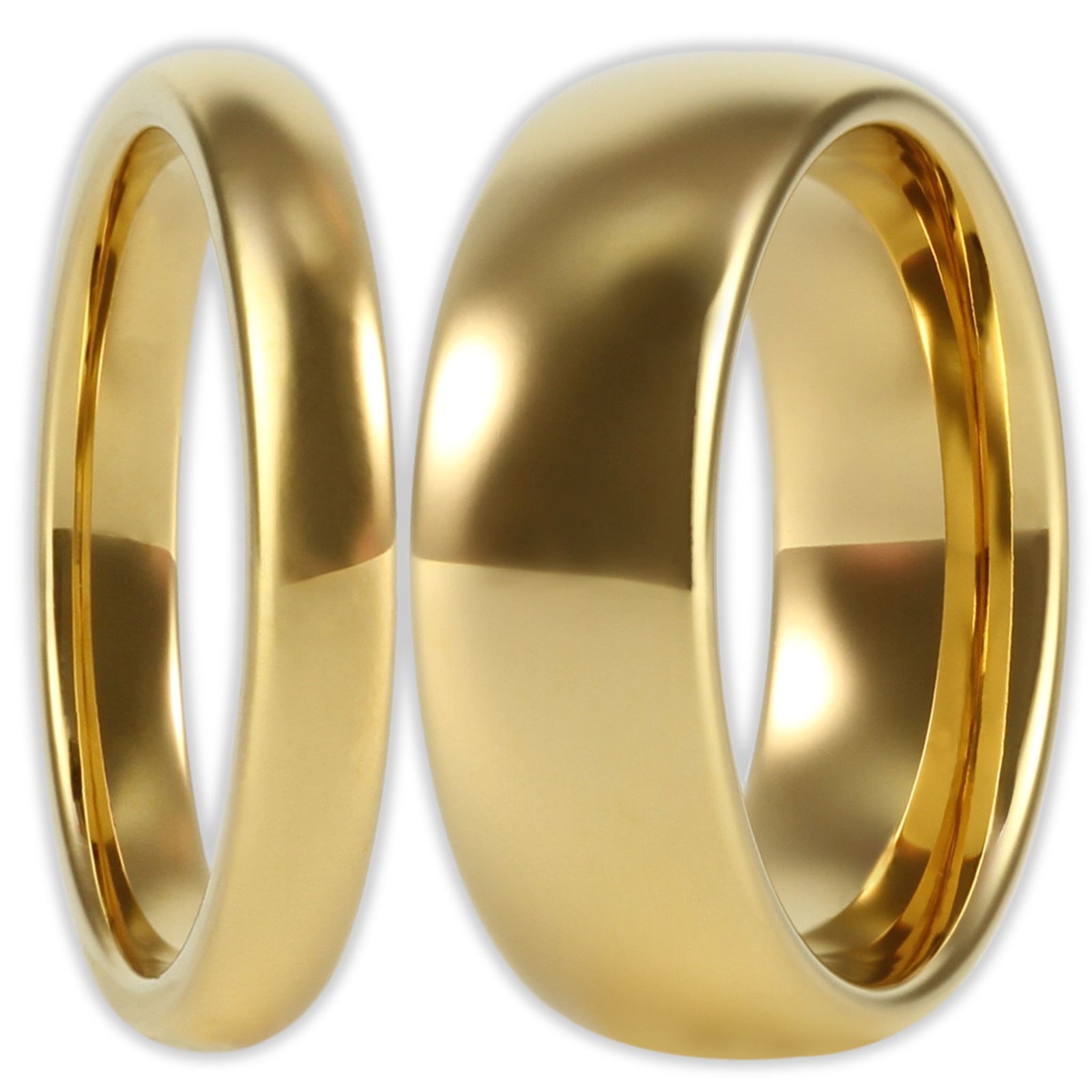 Front view gold tungsten ring with smooth polished finish and 3mm and 8mm bands