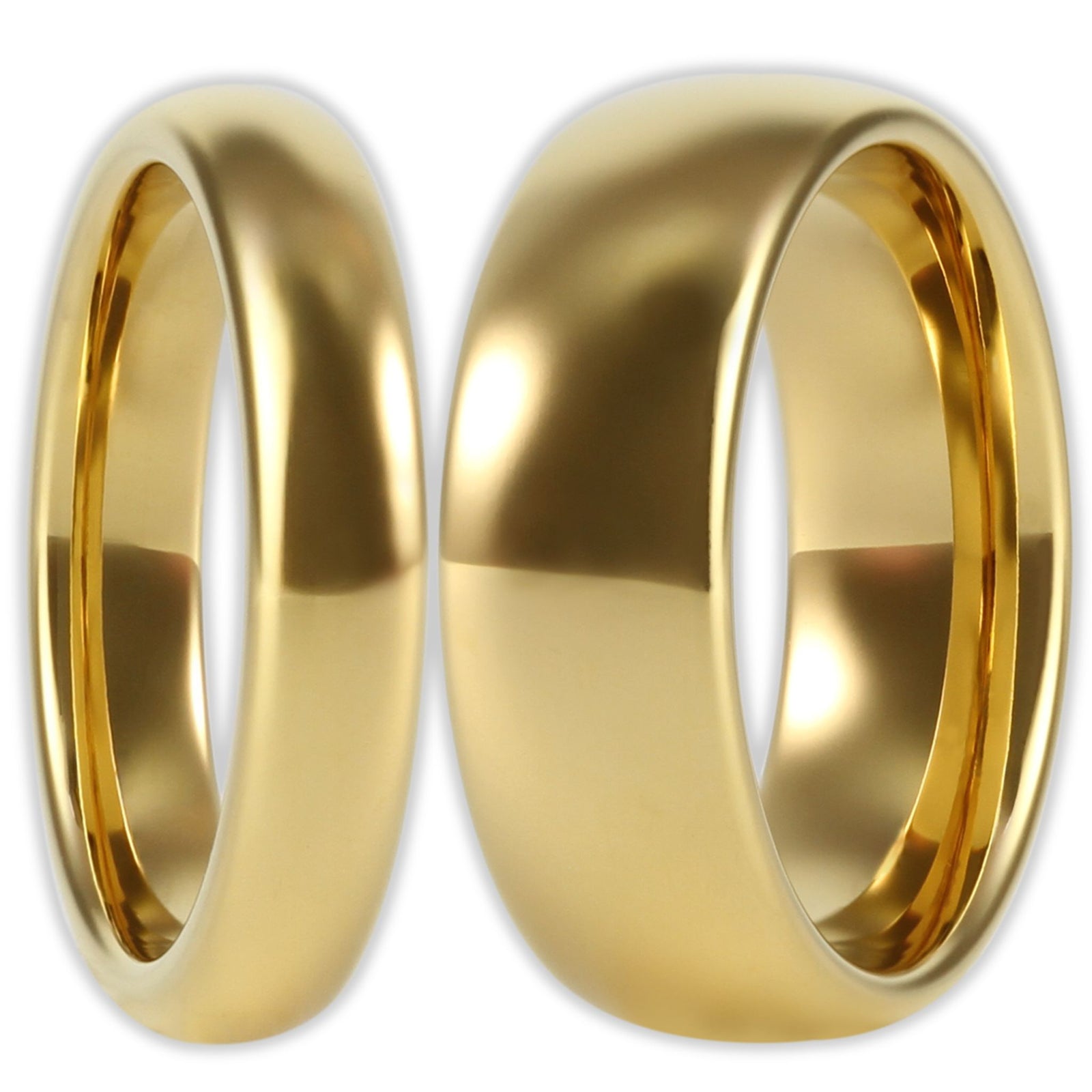 Front view gold tungsten ring with smooth polished finish and 4mm and 8mm bands