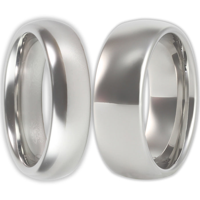 Front view of white gold tungsten ring with smooth polished finish and 8mm and 6mm bands