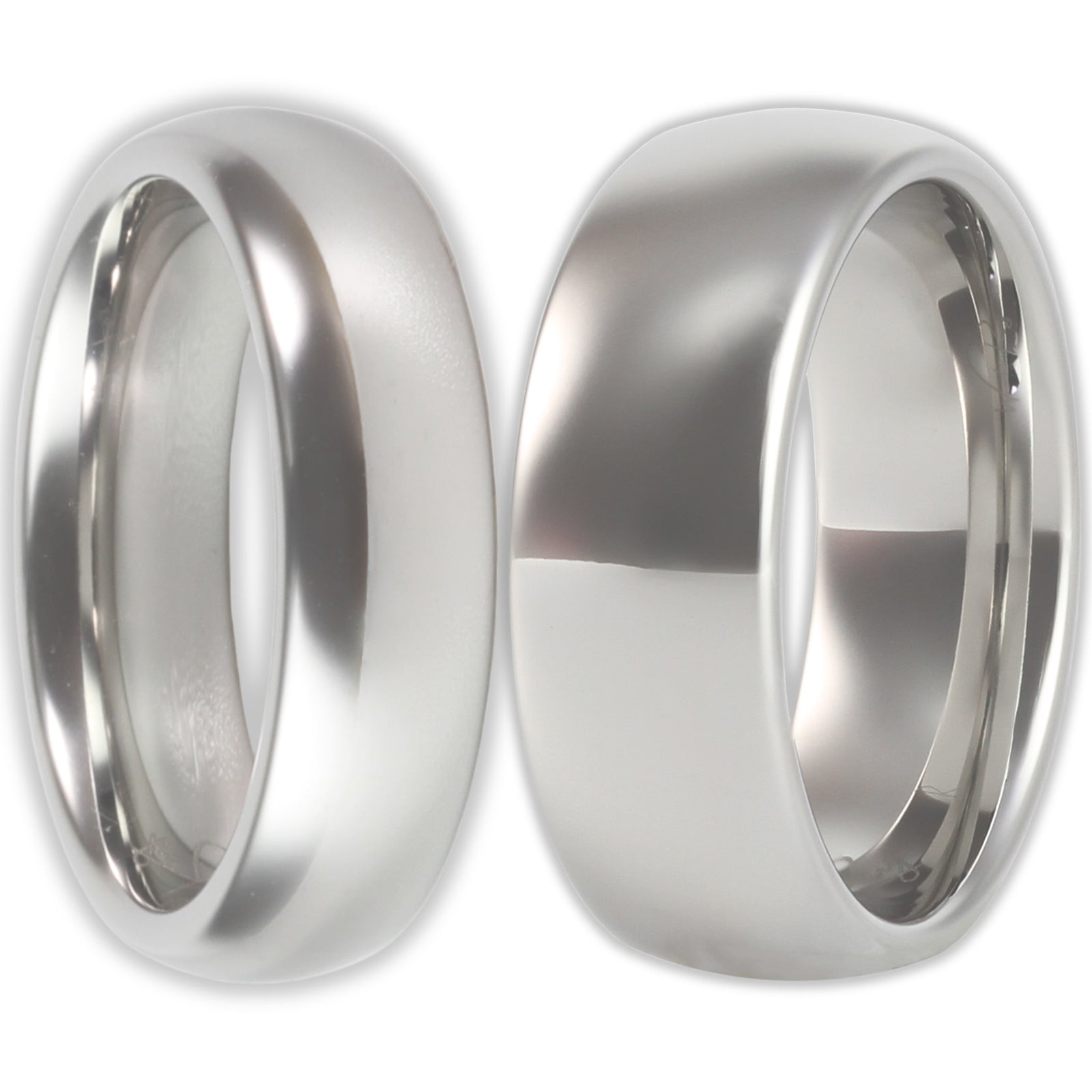 Front view of white gold tungsten ring with smooth polished finish and 8mm and 6mm bands