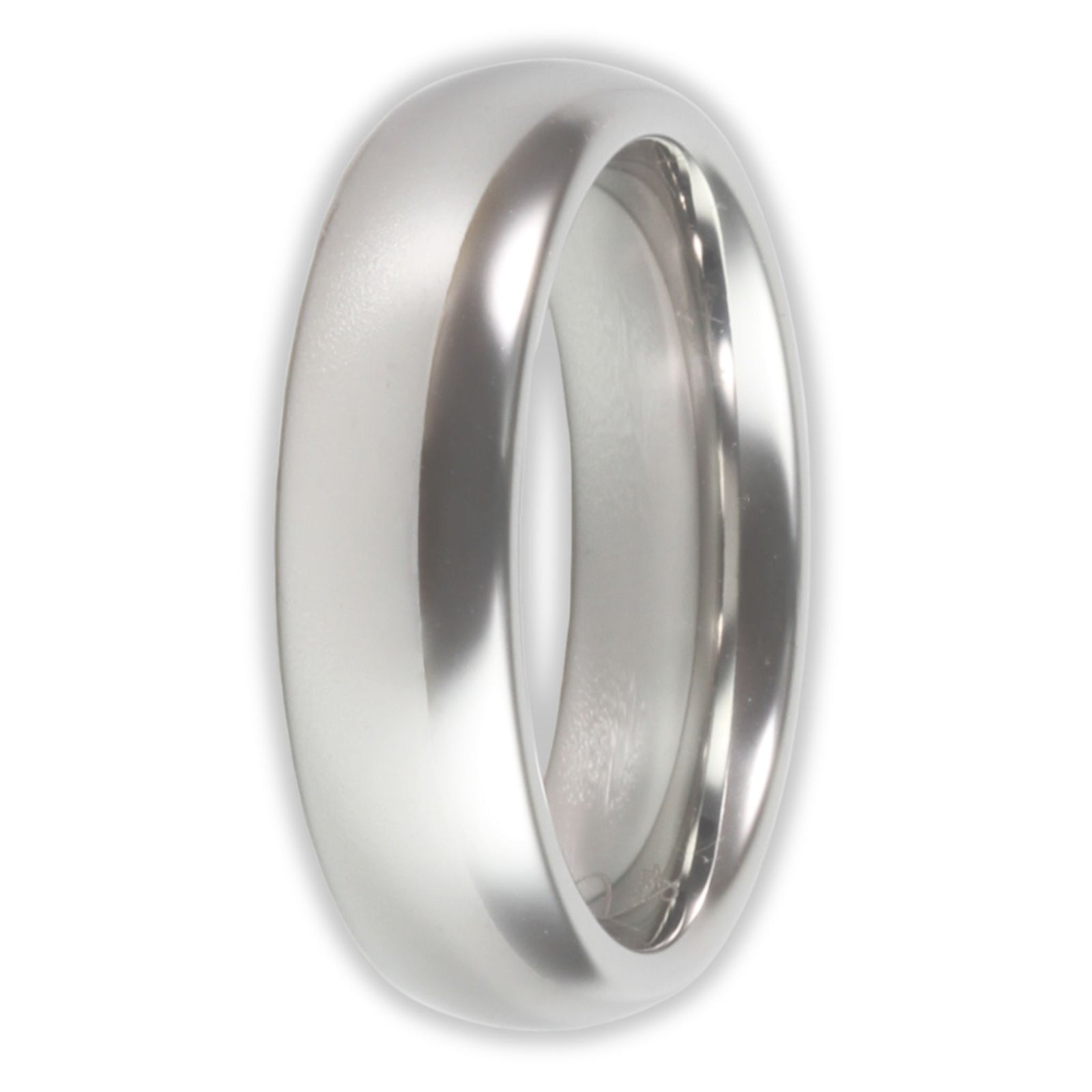 Front view of white gold tungsten ring with smooth polished finish and 6mm band