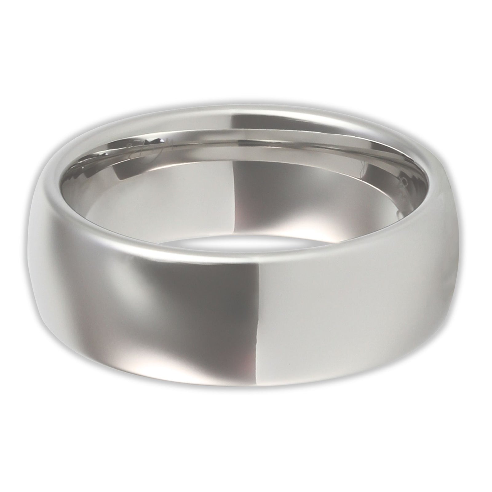 Top view of white gold tungsten 8mm ring with high-shine polished surface