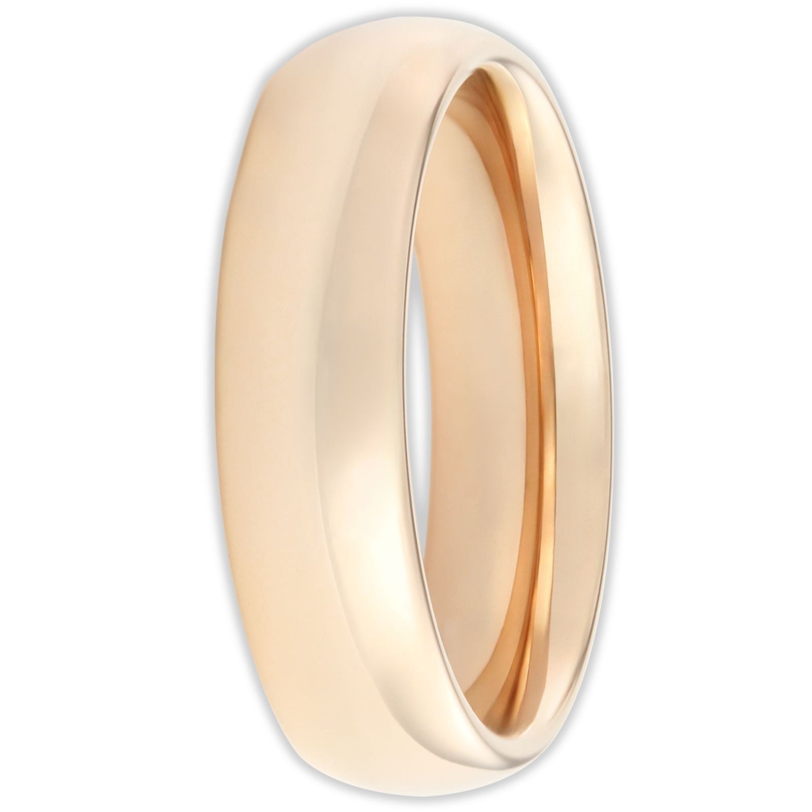Front view of rose gold tungsten ring with smooth polished finish and 6mm band