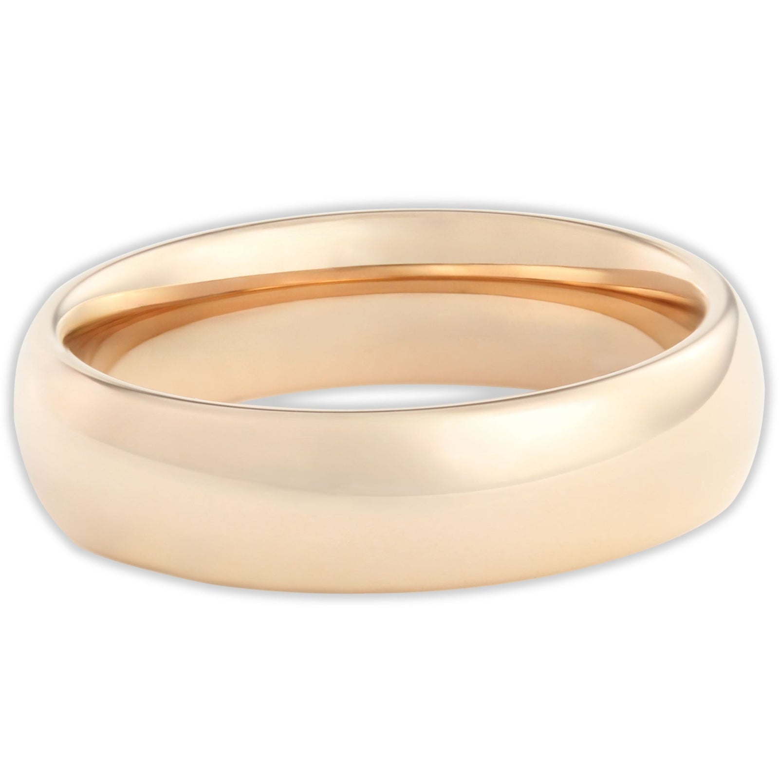Top view of rose gold tungsten 6mm ring with high-shine polished surface