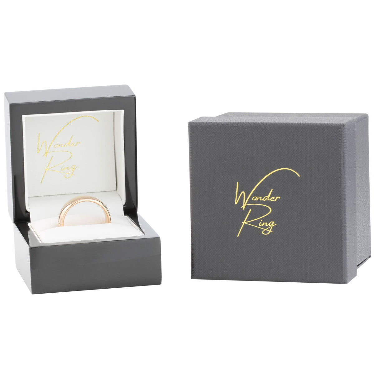 Rose gold tungsten ring presented in gift box