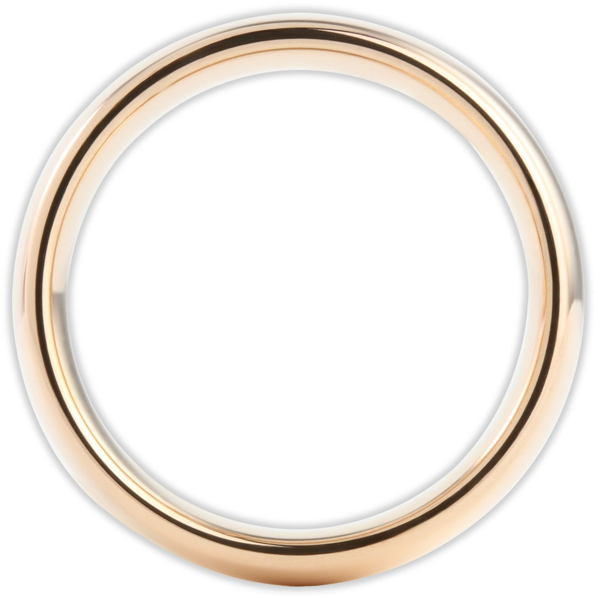 Side profile of rose gold tungsten ring showing curved band and smooth edges