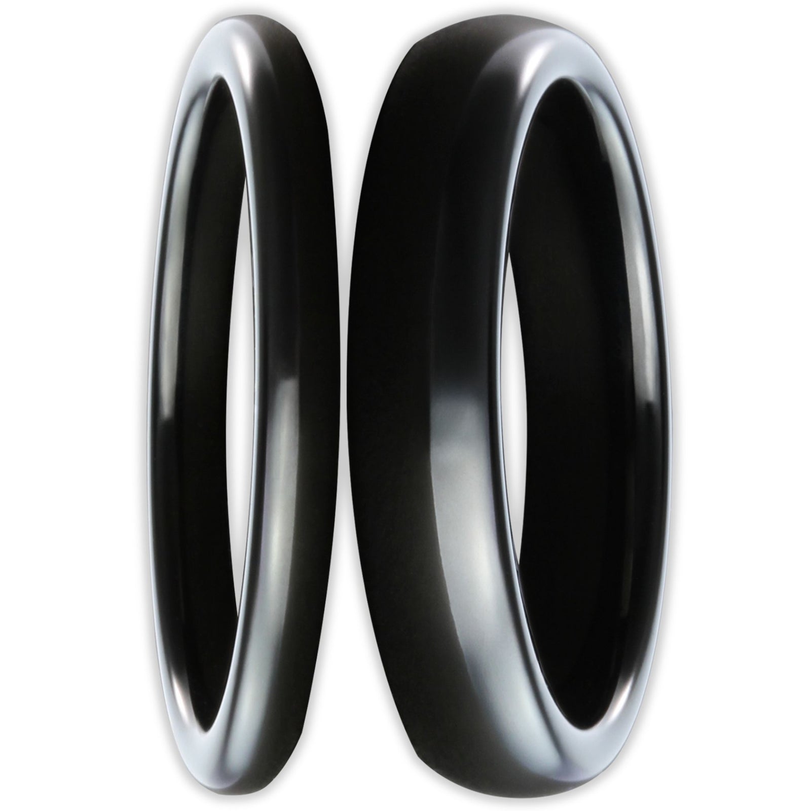 Front view of black tungsten rings with smooth polished finish and 2mm and 4mm bands