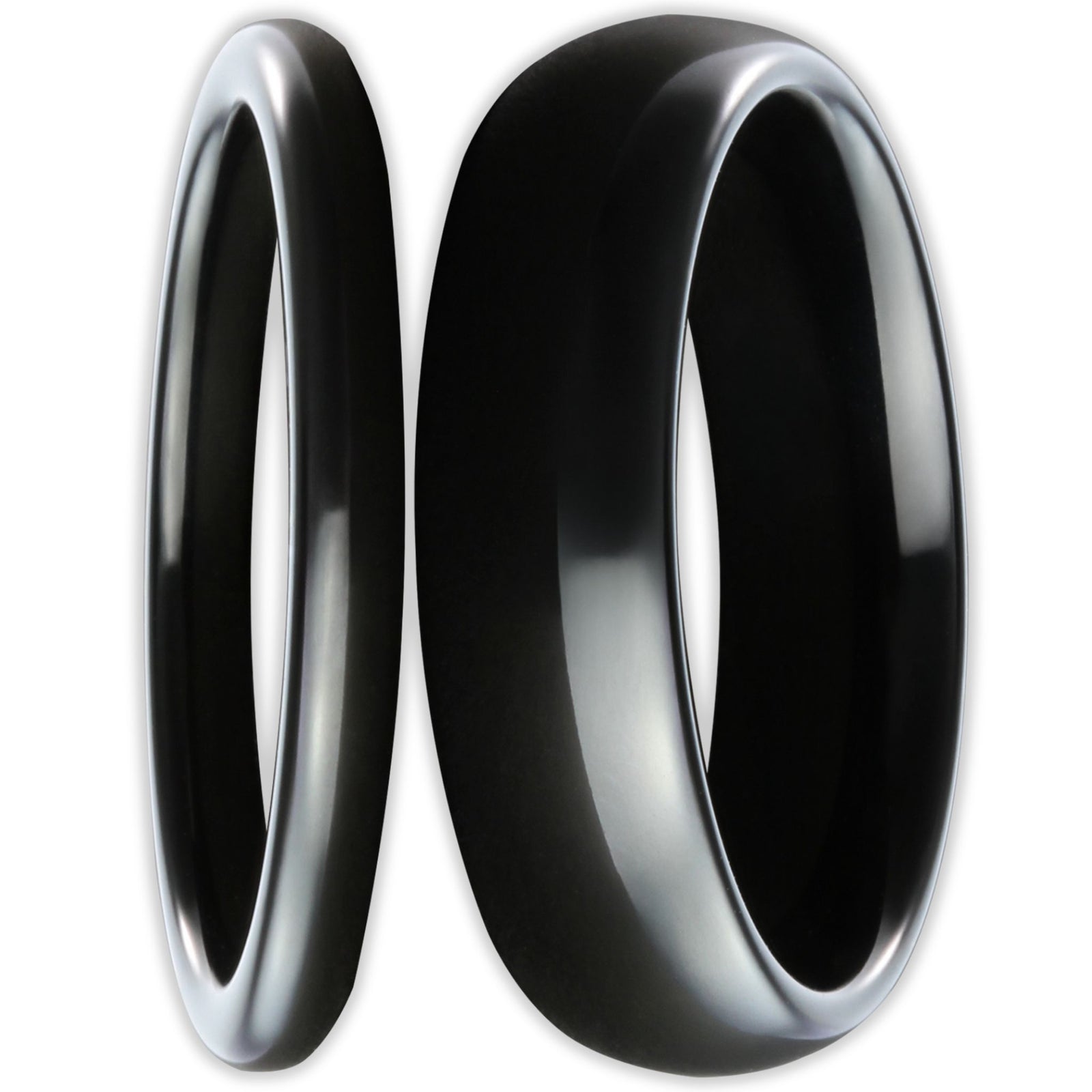 Front view of black tungsten rings with smooth polished finish and 6mm and 2mm bands