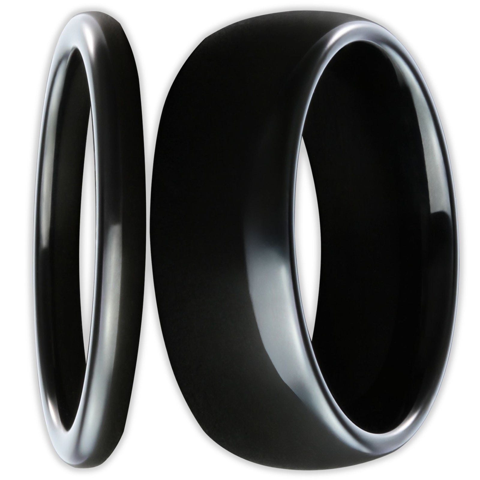 Front view of black tungsten rings with smooth polished finish and 8mm and 2mm bands