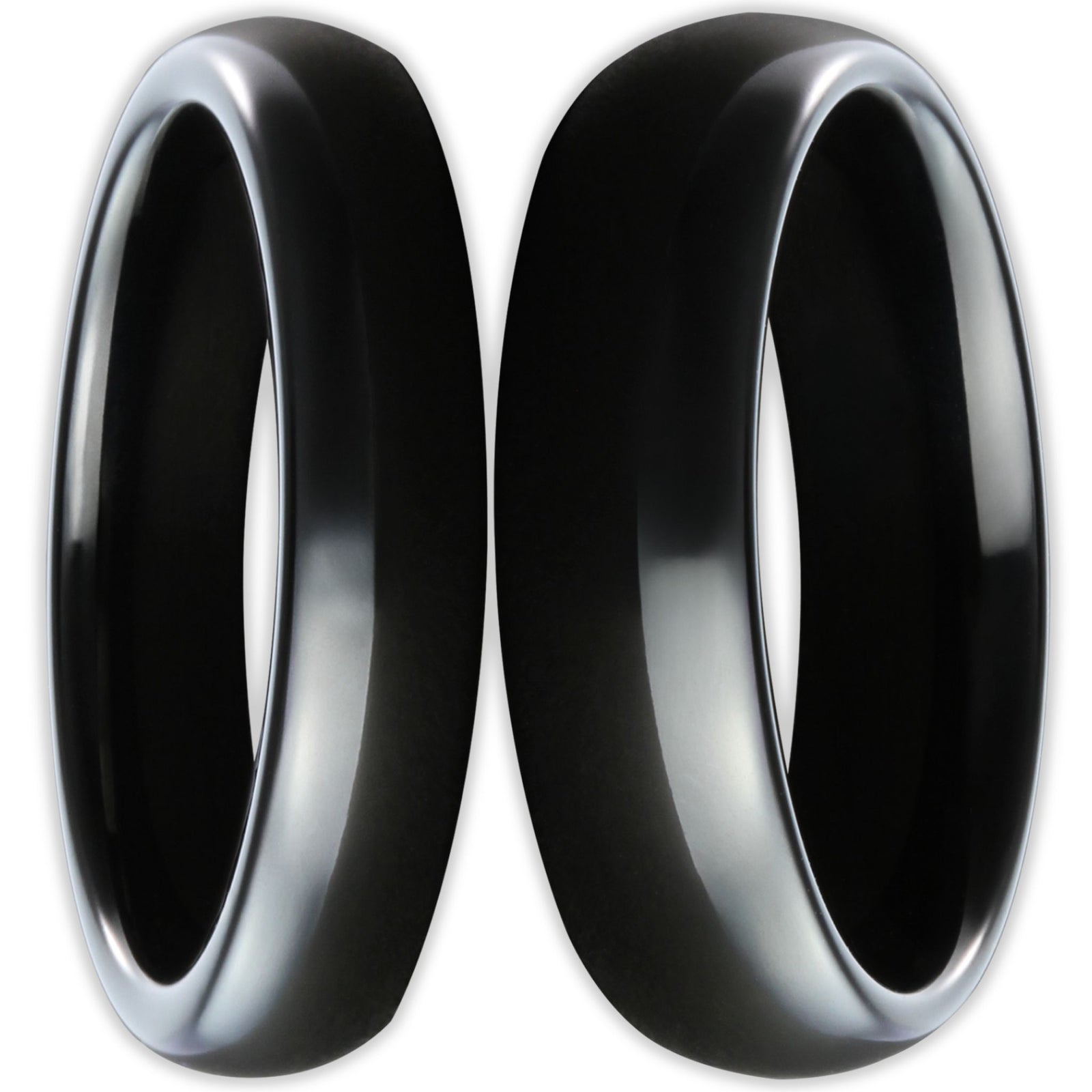 Front view of black tungsten rings with smooth polished finish and 6mm and 4mm bands