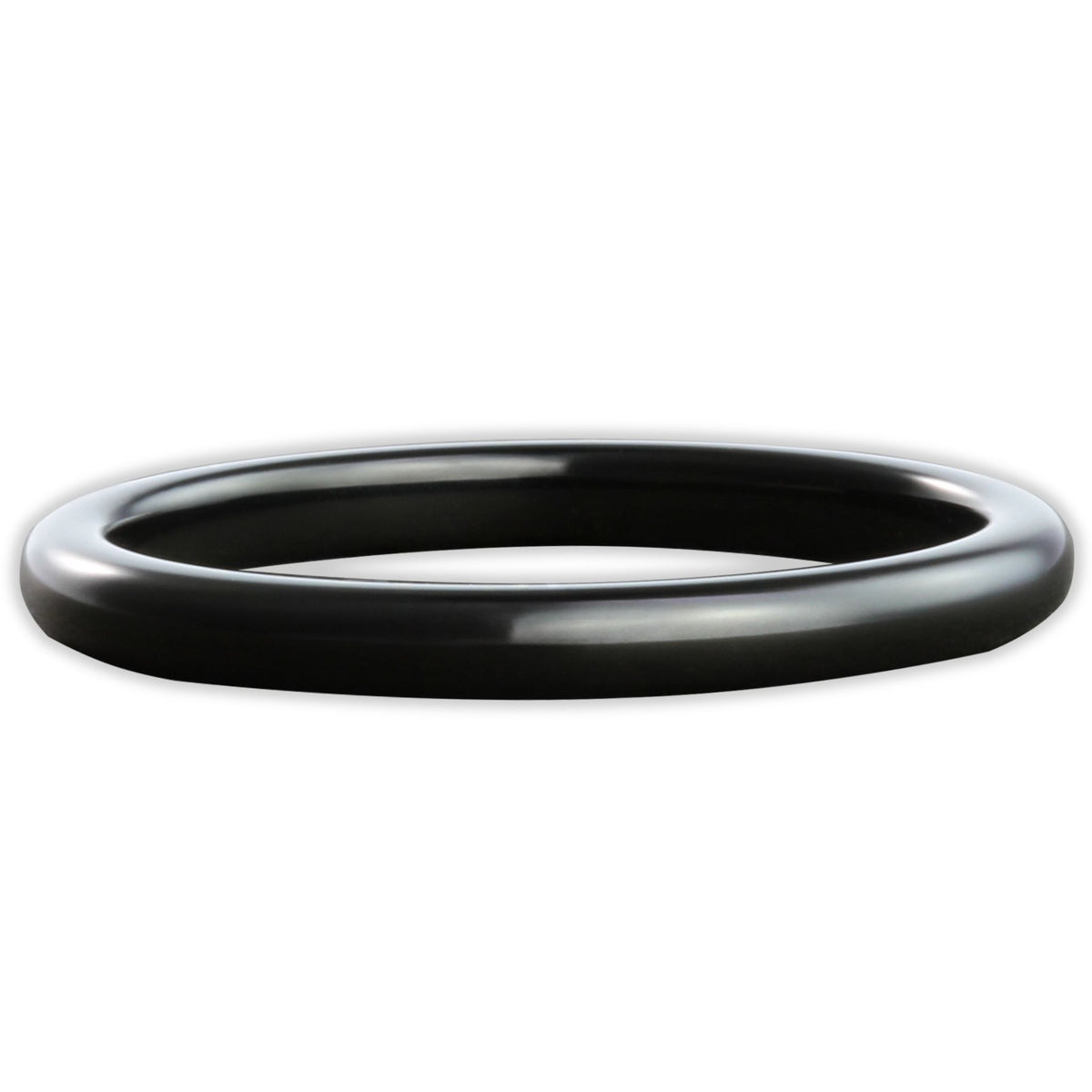 Top view of black tungsten 2mm ring with high-shine polished surface
