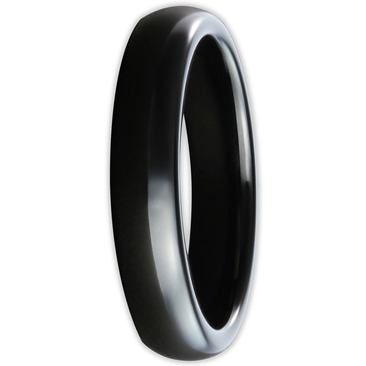 Front view of black tungsten ring with smooth polished finish and 4mm band