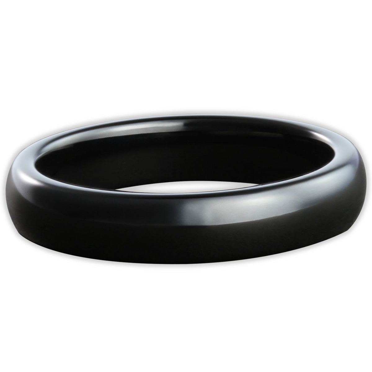 Top view of black tungsten 4mm ring with high-shine polished surface