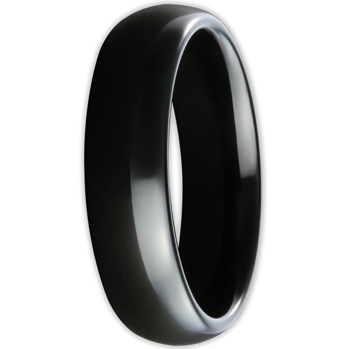 Front view of black tungsten ring with smooth polished finish and 6mm band