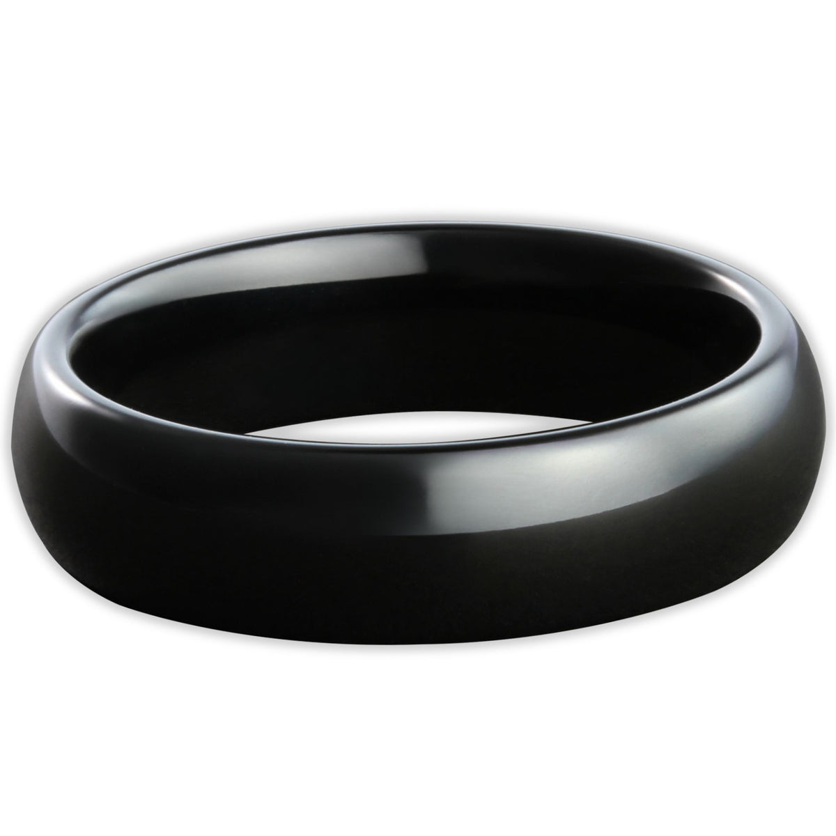 Top view of black tungsten 6mm ring with high-shine polished surface
