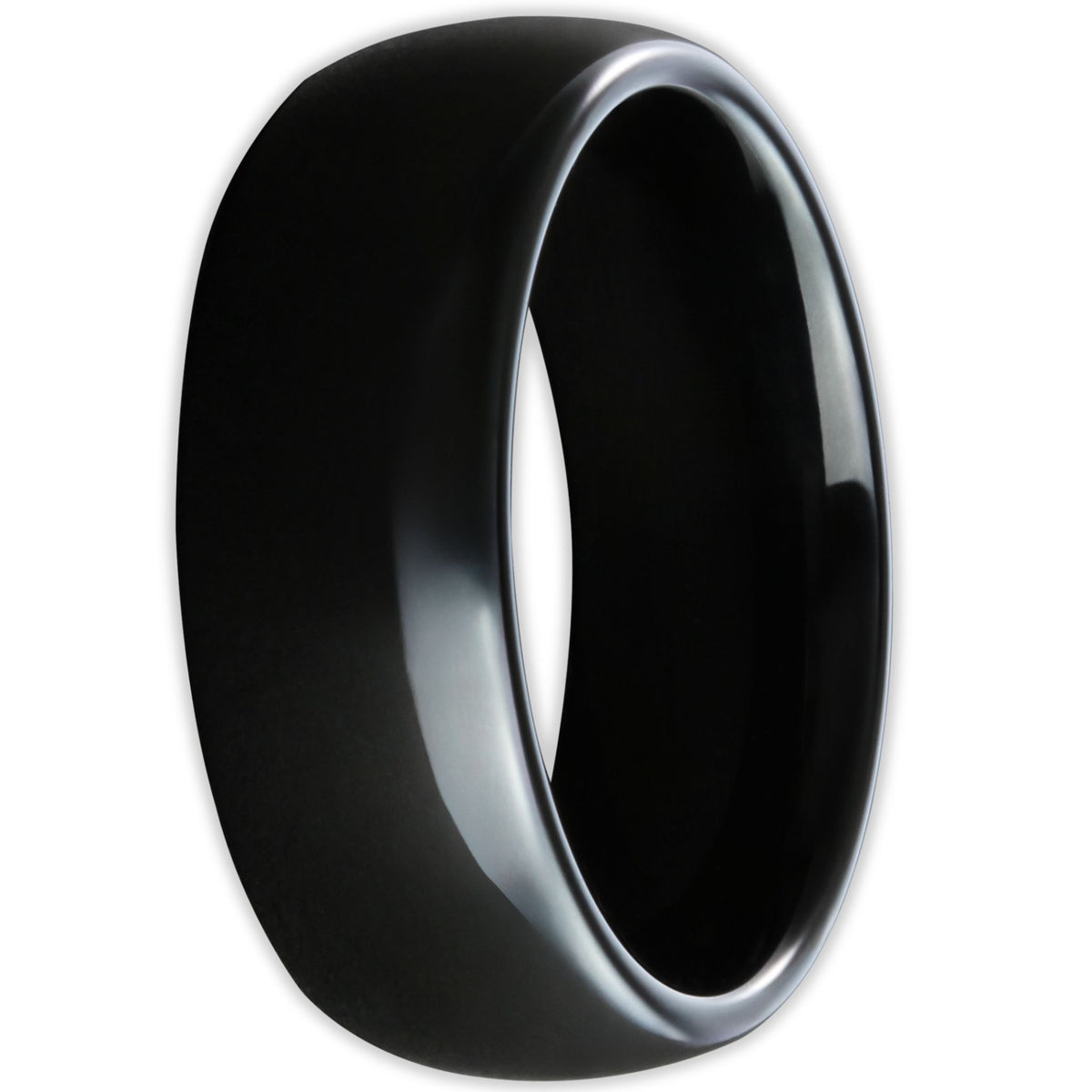 Front view of black tungsten ring with smooth polished finish and 8mm band