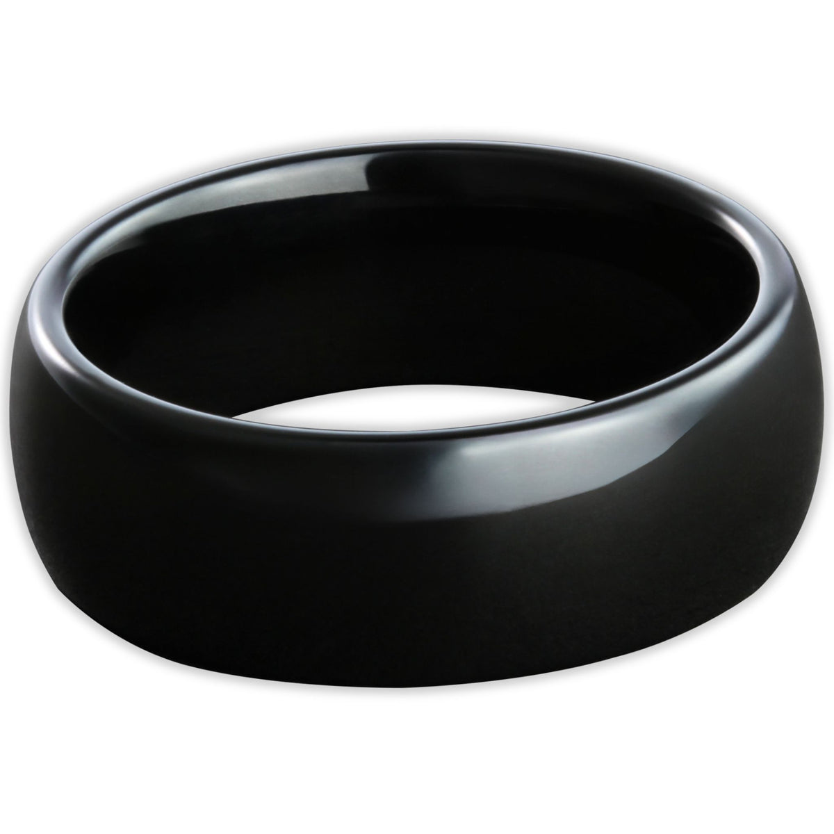 Top view of black tungsten 8mm ring with high-shine polished surface