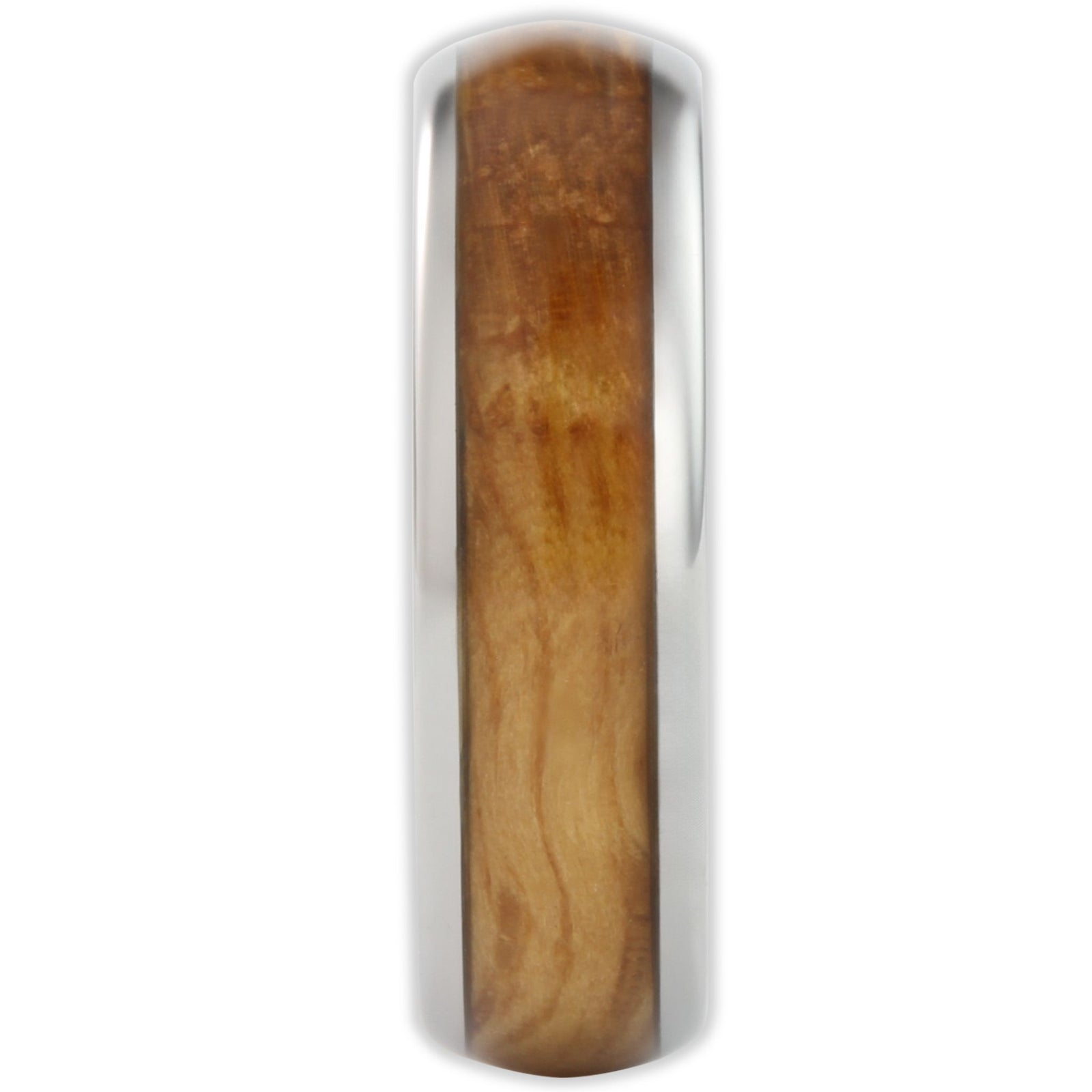 End view of tungsten ring showing 6mm band width and wood inlay detail