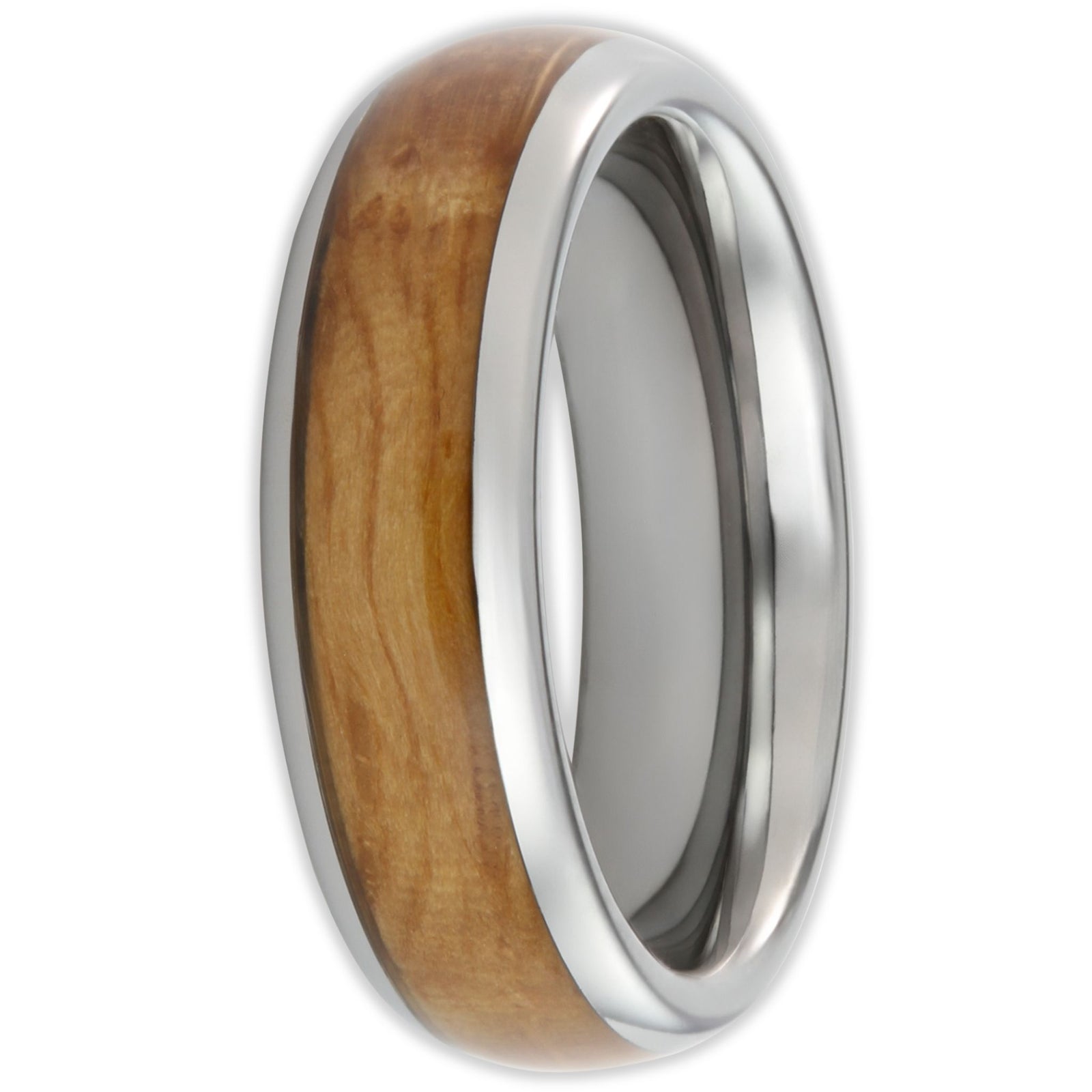 Front view of tungsten ring with whisky barrel wood inlay and polished domed finish in 6mm band