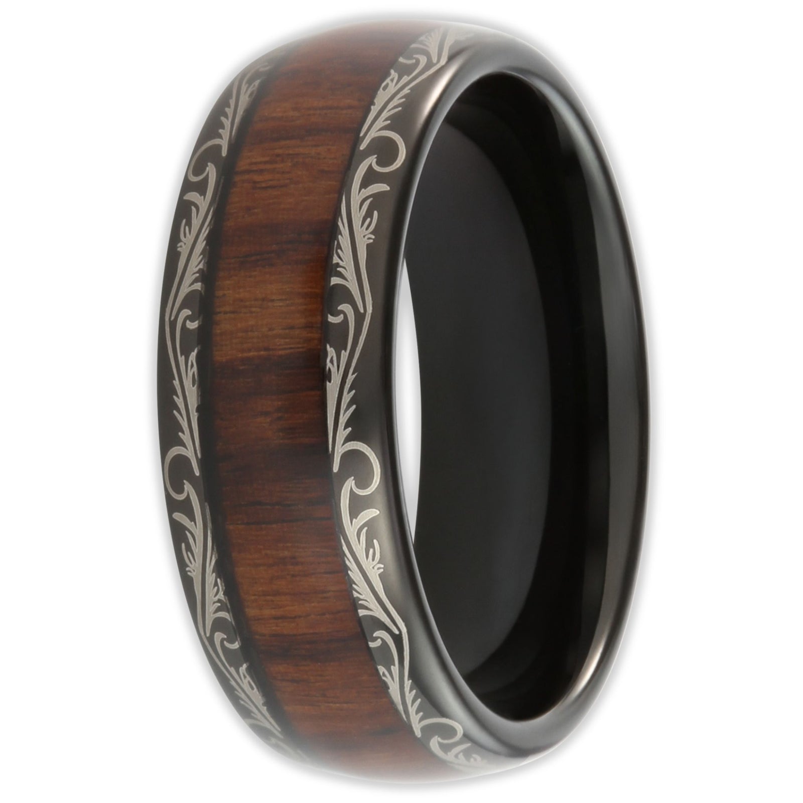 Front view of tungsten ring with dark wood inlay and polished edges