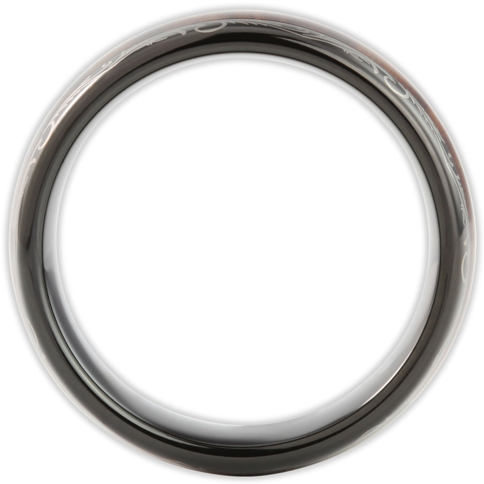 Side profile of tungsten ring showing band depth and wood inlay structure