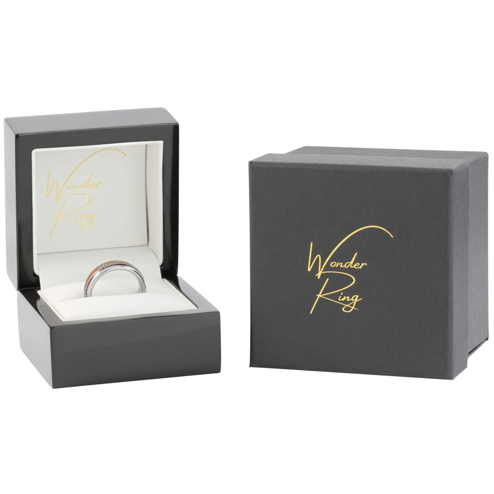 Silver tungsten 6mm ring with arrow and wood inlay presented in gift box