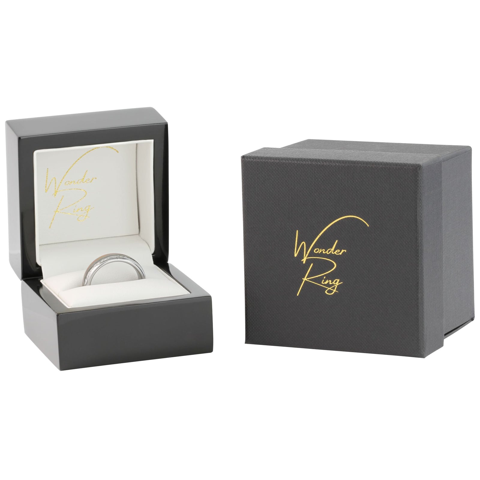 Tungsten ring with wood and steel inlay presented in gift box and 8mm band