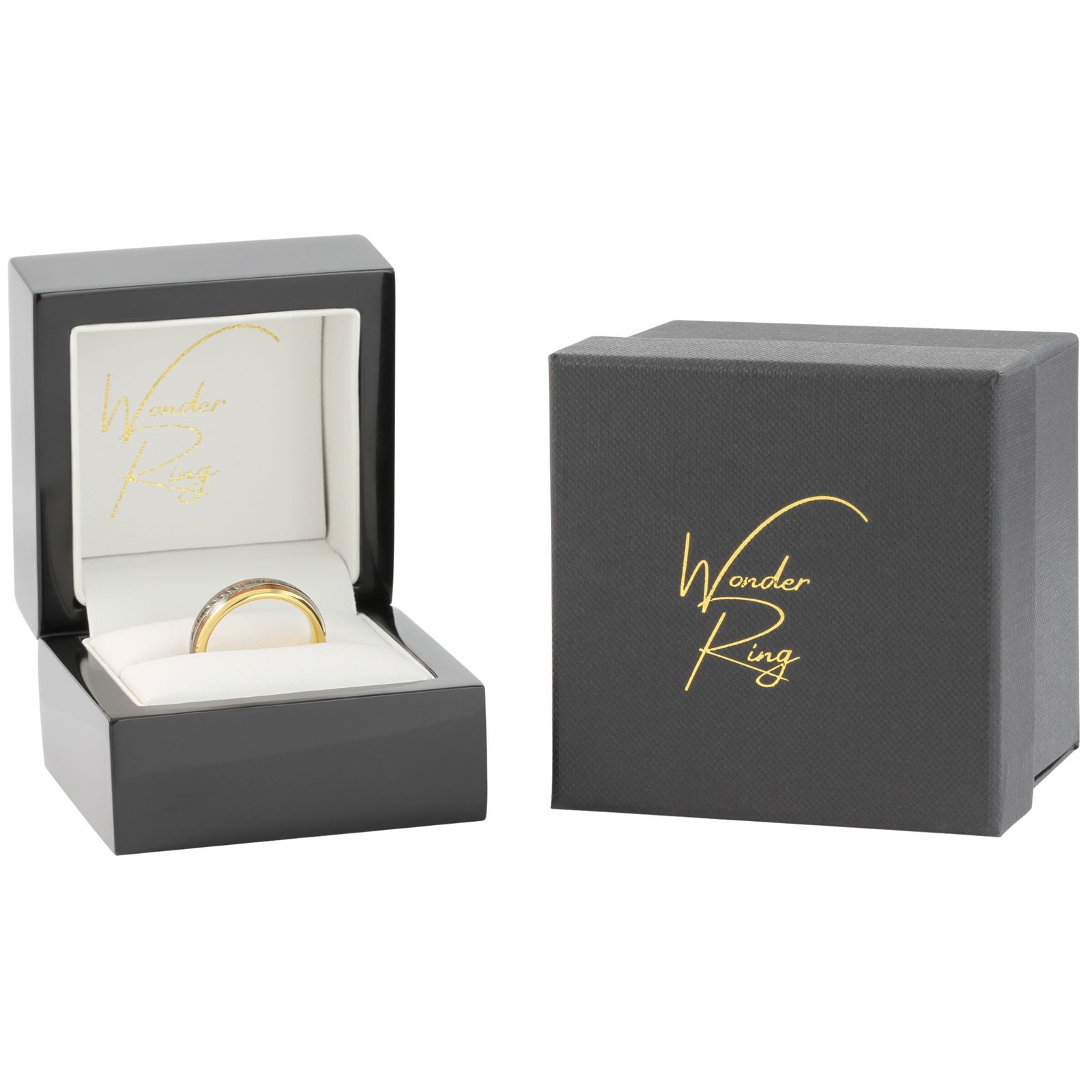 Gold tungsten 6mm ring with arrow and wood inlay presented in gift box