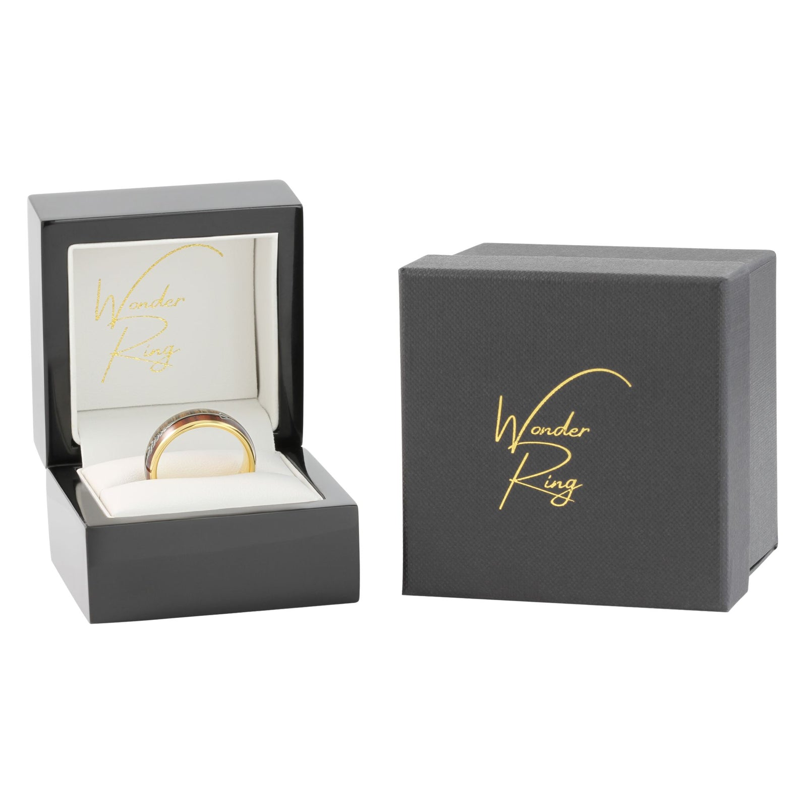Gold tungsten 8mm ring with arrow and wood inlay presented in gift box