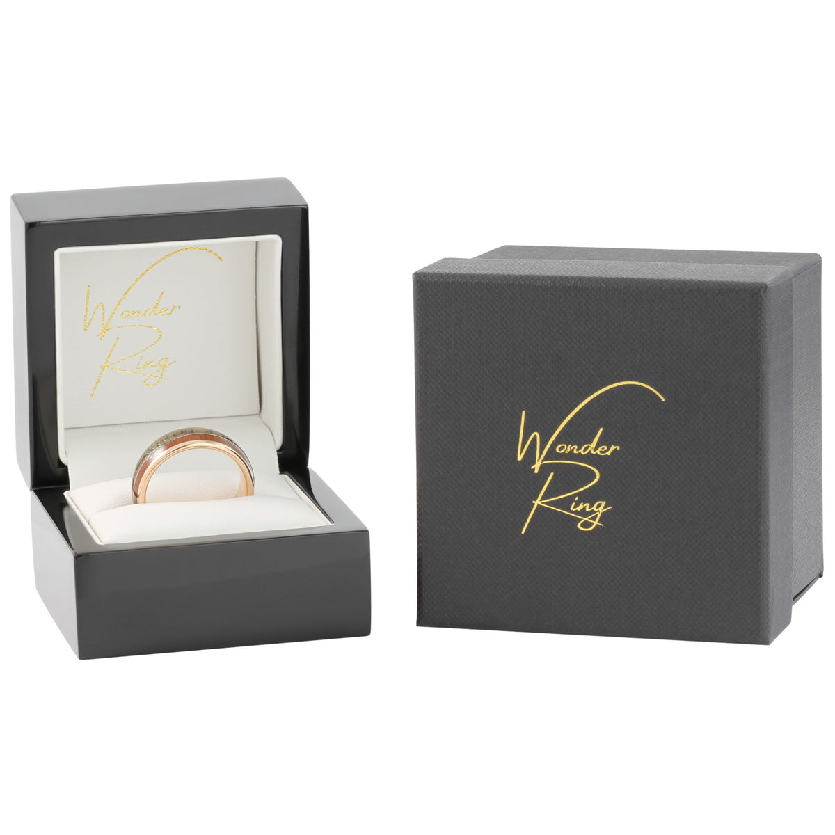 Rose gold tungsten 8mm ring with arrow and wood inlay presented in gift box