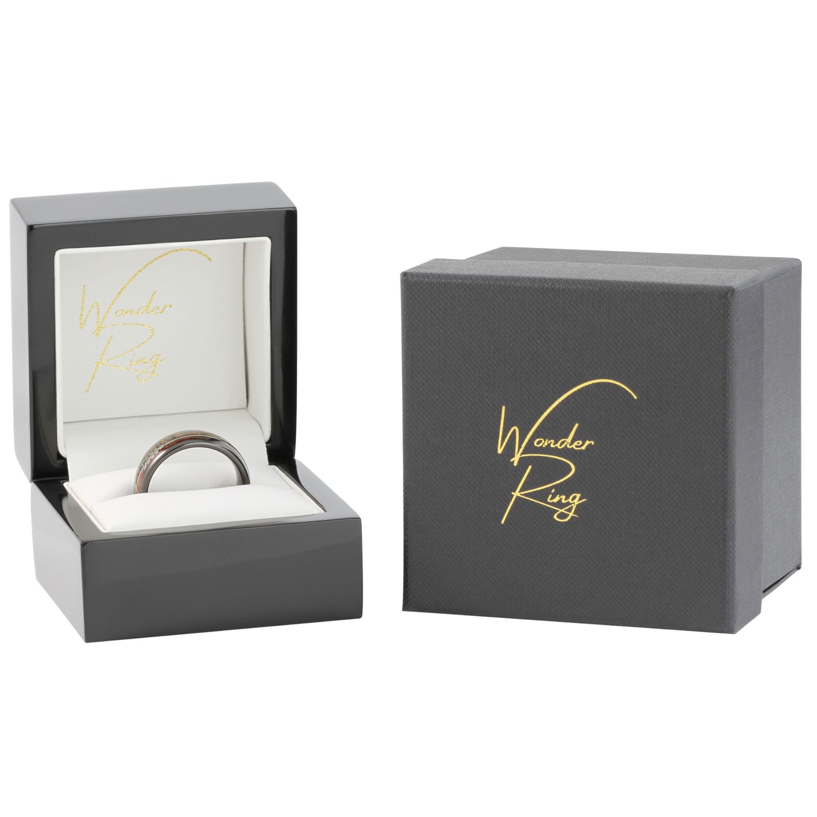 Black tungsten 8mm ring with arrow and wood inlay presented in gift box
