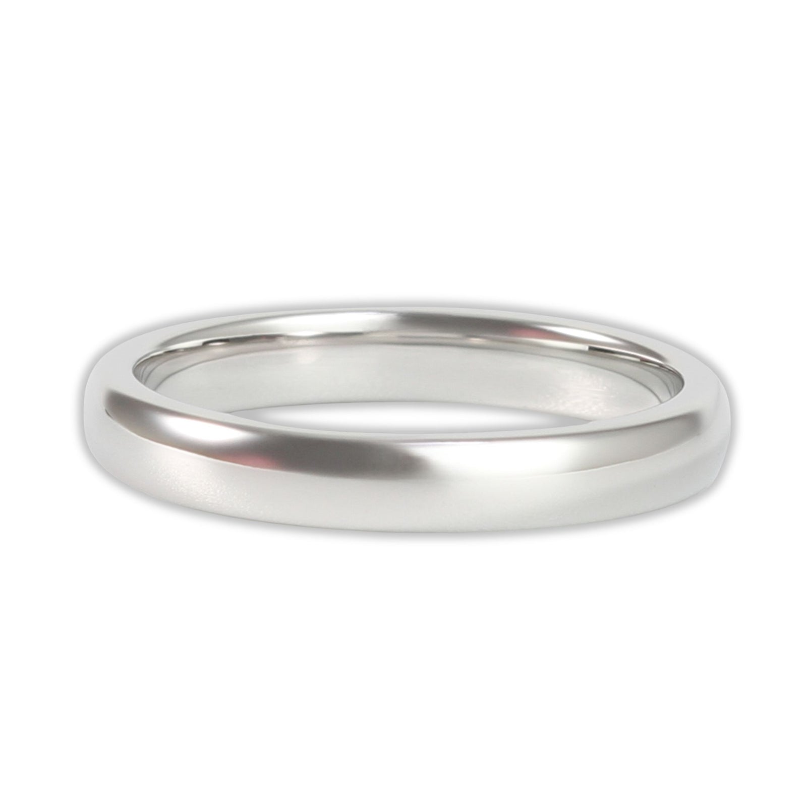 Top view of white gold tungsten 3mm ring with high-shine polished surface